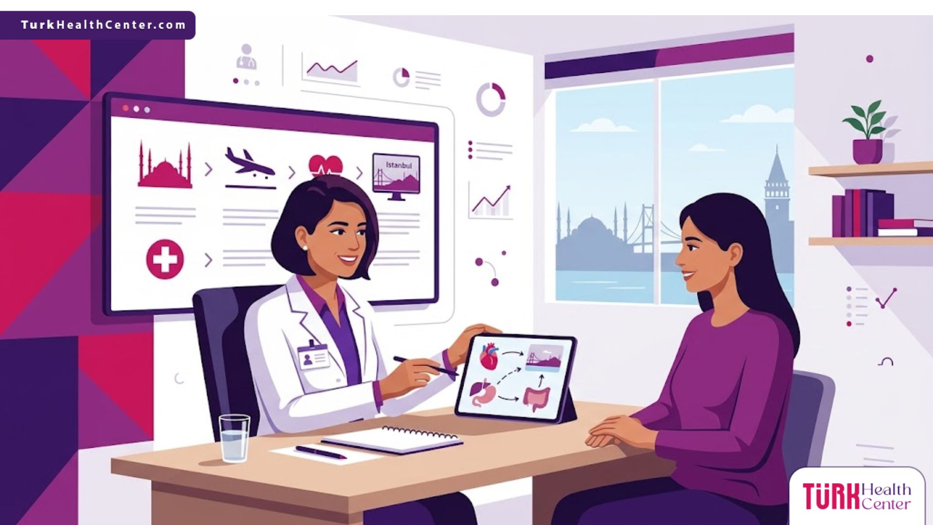 رسوم توضيحية فاخرة تظهر طبيباً يشرح خطوات السياحة الطبية في إسطنبول لمريض في عيادة عصرية 