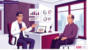 رسوم توضيحية لعيادة طبية فاخرة تشرح كيفية زراعة الشعر بتقنية Nano Fue للمريض 