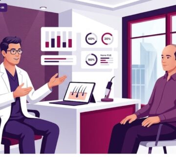 رسوم توضيحية لعيادة طبية فاخرة تشرح كيفية زراعة الشعر بتقنية Nano Fue للمريض 