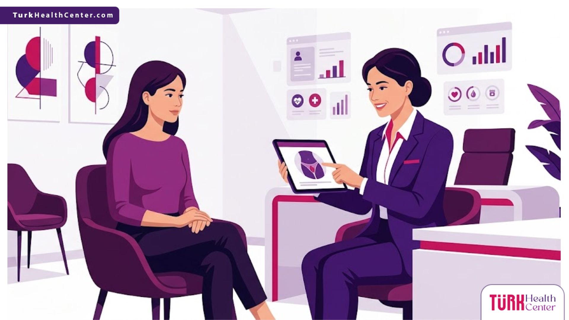 رسوم توضيحية مسطحة لعيادة طبية فاخرة تشرح إجراءات تجميل المناطق الحساسة جراحياً باحترافية 