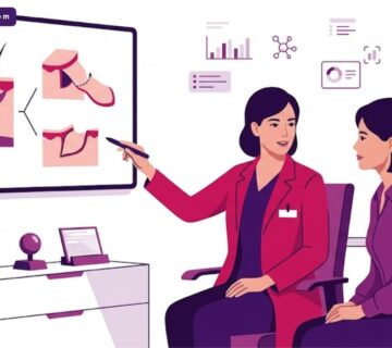 رسم توضيحي لعيادة طبية حديثة يشرح فيها الطبيب خطوات جراحة التجميل بعد الحروق للمريض 