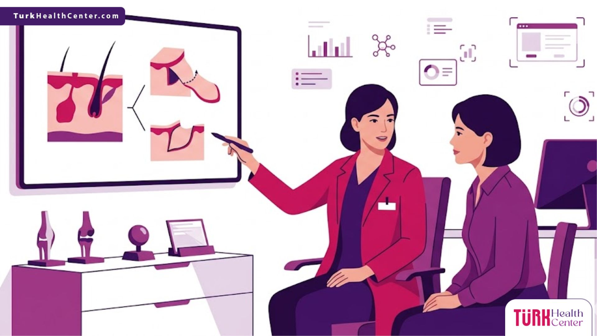 رسم توضيحي لعيادة طبية حديثة يشرح فيها الطبيب خطوات جراحة التجميل بعد الحروق للمريض 