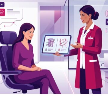 رسم توضيحي يوضح الفرق بين الجراحة التجميلية والترميمية من خلال طبيب يشرح الخيارات المتاحة للمريض في عيادة حديثة 