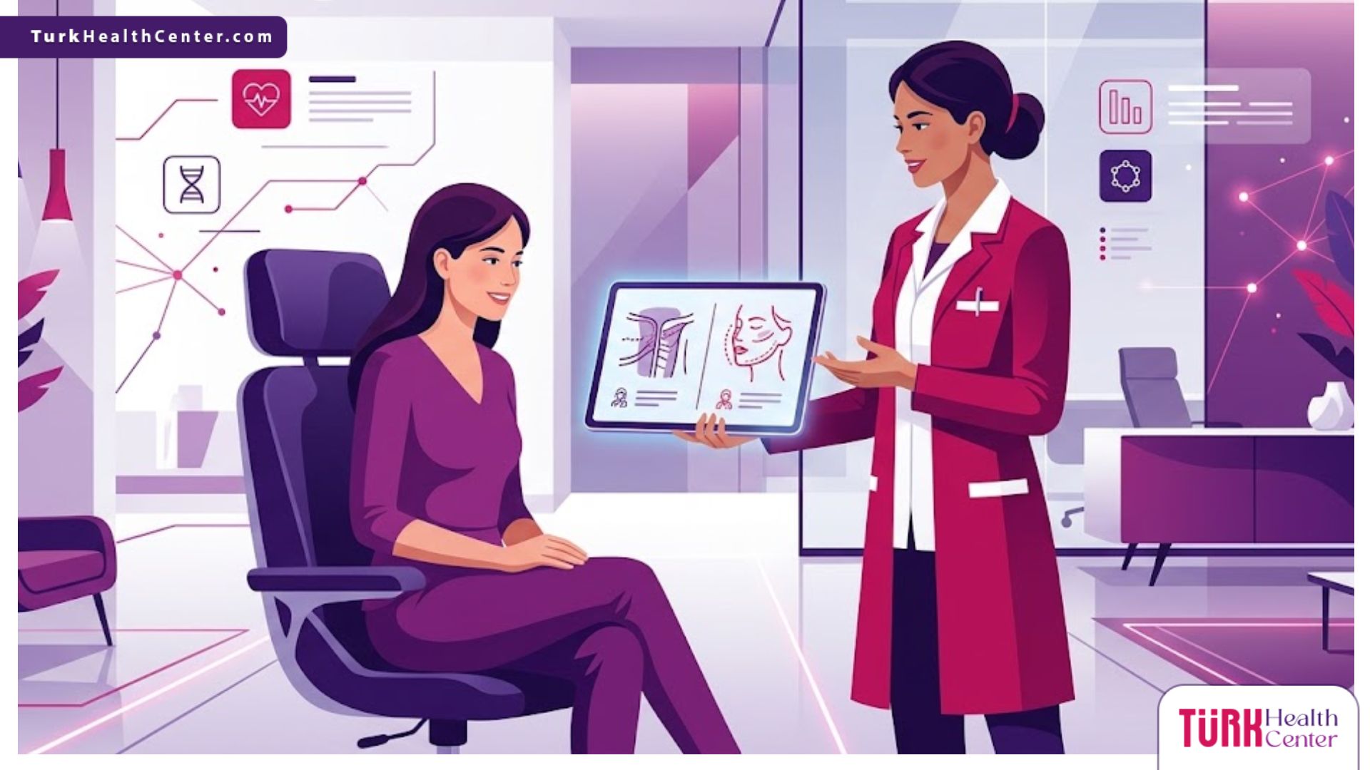 رسم توضيحي يوضح الفرق بين الجراحة التجميلية والترميمية من خلال طبيب يشرح الخيارات المتاحة للمريض في عيادة حديثة 