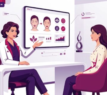 رسم توضيحي يظهر طبيب تجميل يشرح للمريض خطوات عمليات إعادة الشباب جراحياً داخل عيادة فاخرة 