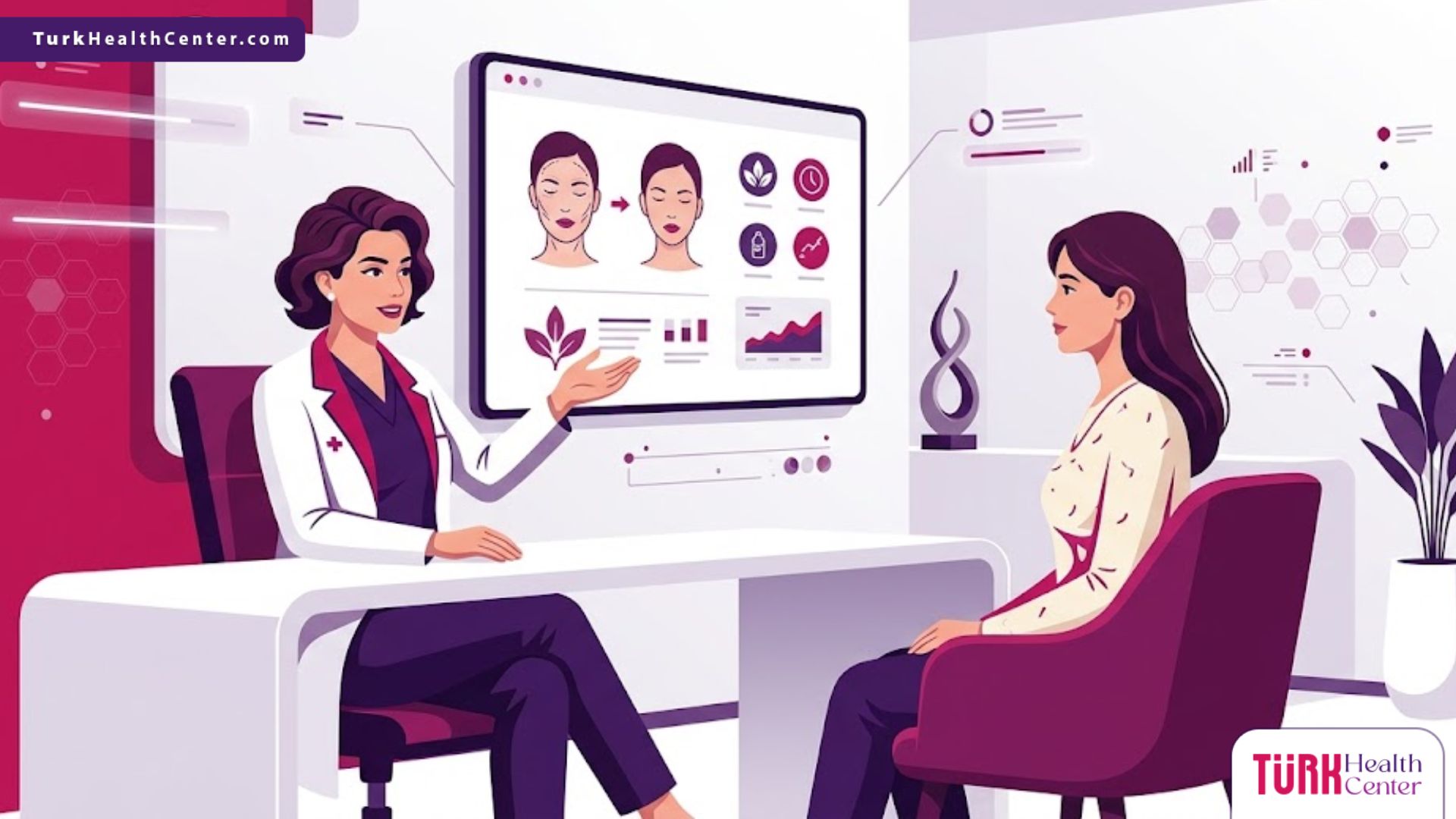 رسم توضيحي يظهر طبيب تجميل يشرح للمريض خطوات عمليات إعادة الشباب جراحياً داخل عيادة فاخرة 