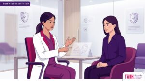 رسم توضيحي يوضح طبيباً يشرح سبل الوقاية من مخاطر عمليات التجميل الجراحية داخل عيادة حديثة 