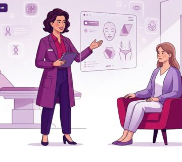 رسوم توضيحية عصرية لطبيب يشرح خطوات جراحة التجميل وتغيير الشكل لمريض في عيادة فاخرة 