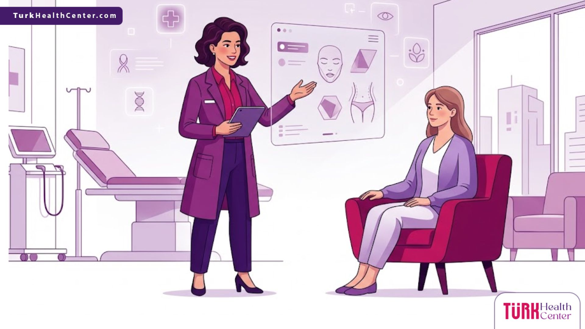 رسوم توضيحية عصرية لطبيب يشرح خطوات جراحة التجميل وتغيير الشكل لمريض في عيادة فاخرة 