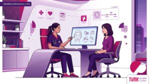 رسم توضيحي يظهر طبيب يقدم نصائح قبل عمليات التجميل لمريض في عيادة فاخرة وأنيقة 