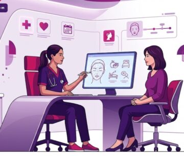 رسم توضيحي يظهر طبيب يقدم نصائح قبل عمليات التجميل لمريض في عيادة فاخرة وأنيقة 