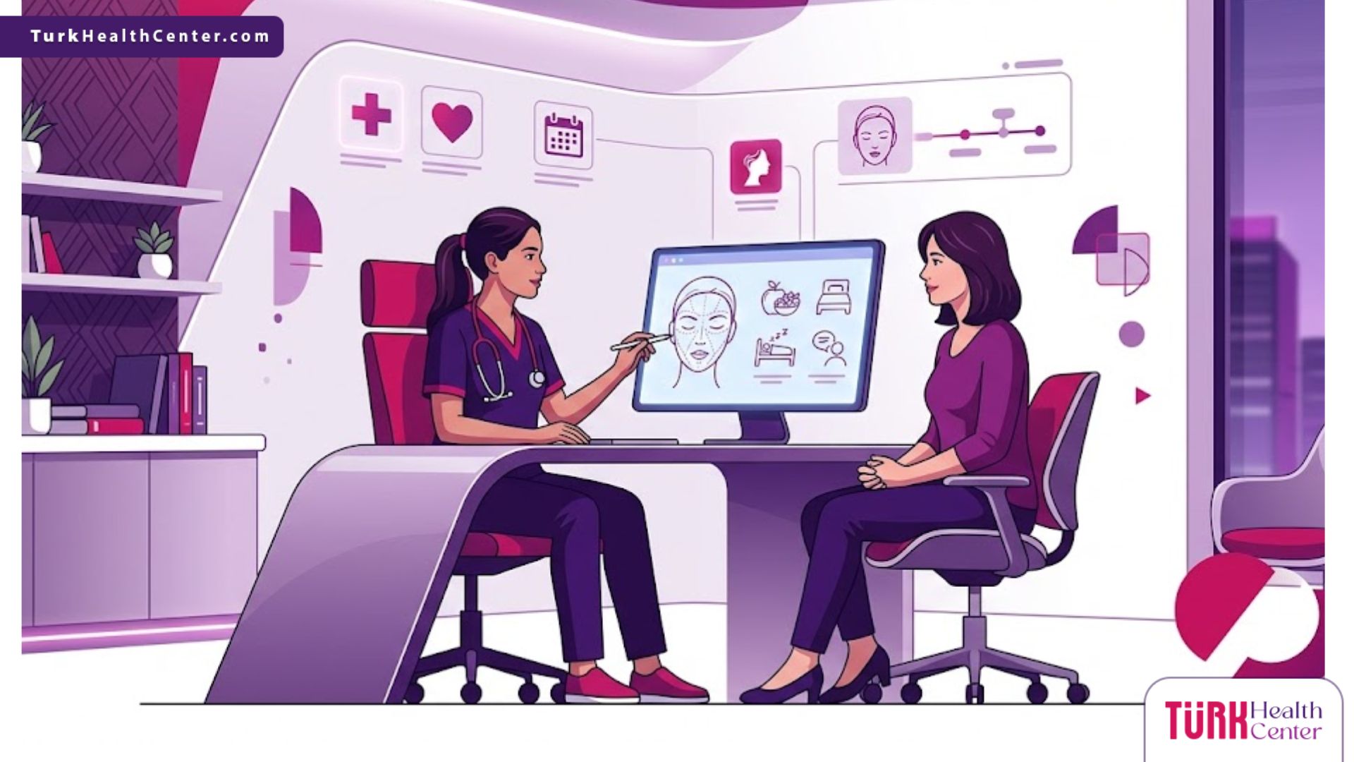 رسم توضيحي يظهر طبيب يقدم نصائح قبل عمليات التجميل لمريض في عيادة فاخرة وأنيقة 