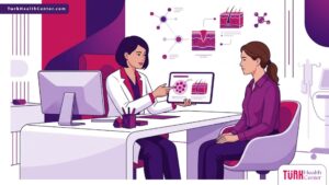 رسم توضيحي يظهر طبيب يشرح تقنيات التئام الجروح في التجميل لمريض داخل عيادة فاخرة 