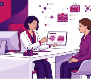 رسم توضيحي يظهر طبيب يشرح تقنيات التئام الجروح في التجميل لمريض داخل عيادة فاخرة 