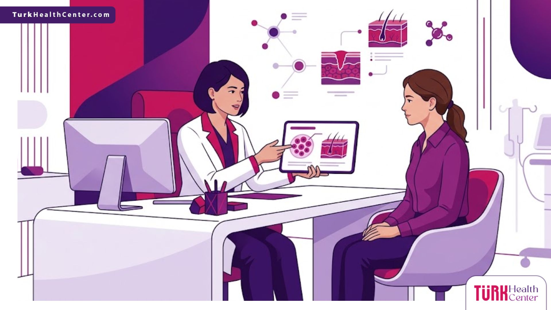 رسم توضيحي يظهر طبيب يشرح تقنيات التئام الجروح في التجميل لمريض داخل عيادة فاخرة 