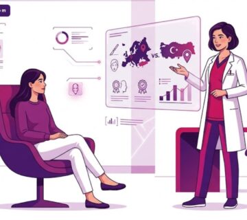 رسم توضيحي يوضح الفرق بين مرافق جراحة التجميل في أوروبا مقابل تركيا مع طبيب يشرح الإجراءات 