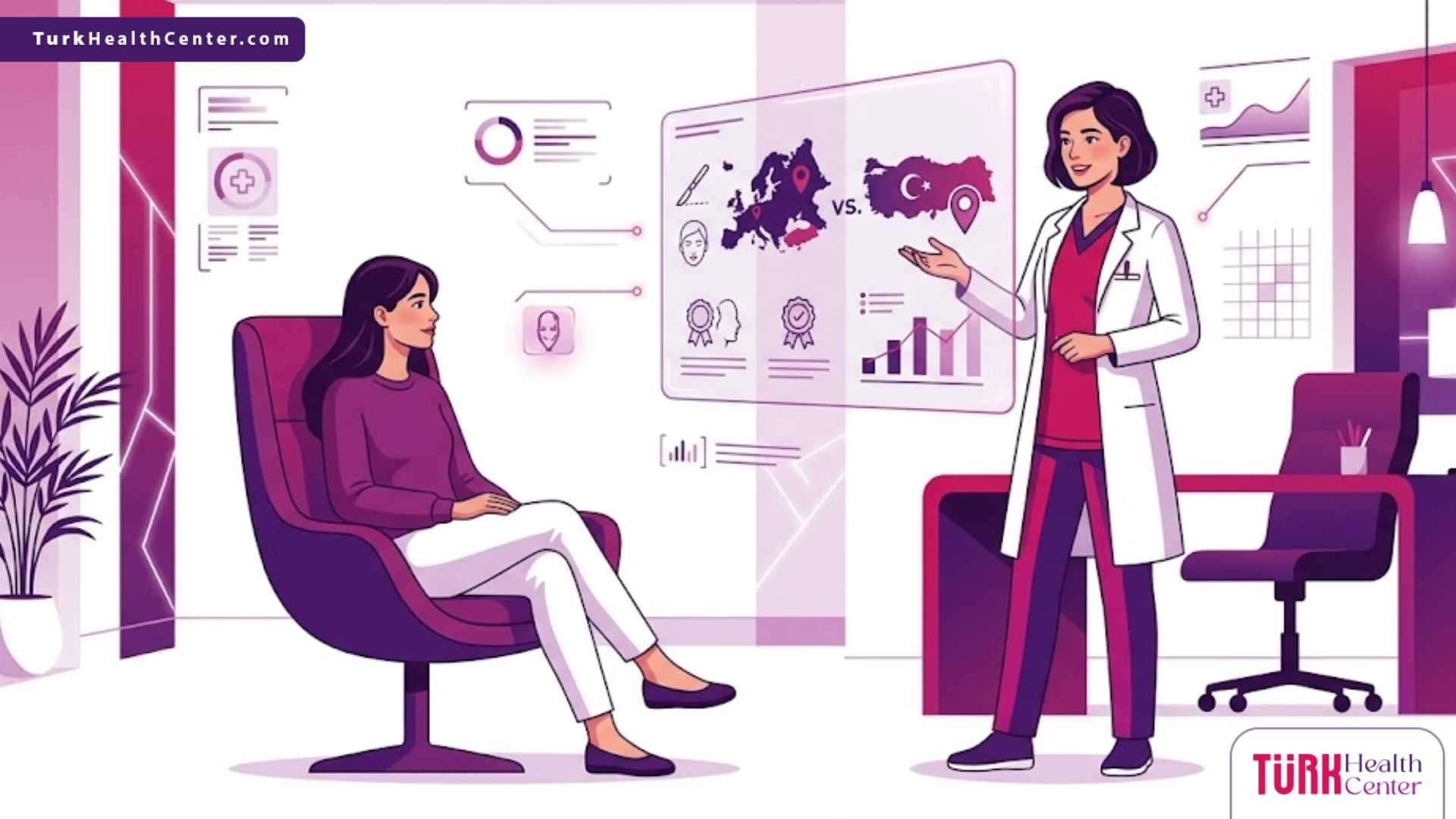 رسم توضيحي يوضح الفرق بين مرافق جراحة التجميل في أوروبا مقابل تركيا مع طبيب يشرح الإجراءات 