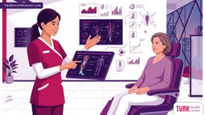 رسوم توضيحية فنية تبرز التطور التقني في جراحات الترميم داخل عيادة طبية حديثة مع طبيب يشرح التقنيات 