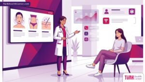 رسم توضيحي عصري لعيادة فاخرة يشرح فيها الطبيب تفاصيل عمليات التجميل الجراحية الشاملة للمريض 