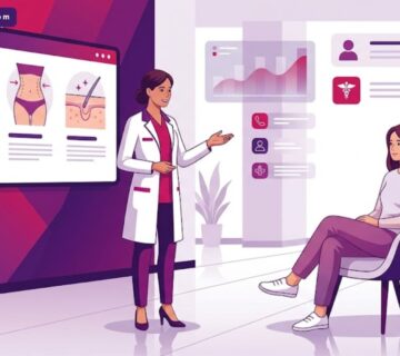 رسم توضيحي عصري لعيادة فاخرة يشرح فيها الطبيب تفاصيل عمليات التجميل الجراحية الشاملة للمريض 