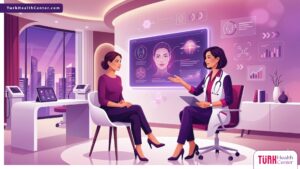 رسوم توضيحية حديثة لعيادة طبية متطورة تشرح مستقبل جراحة التجميل بأسلوب فيكتور راقي 