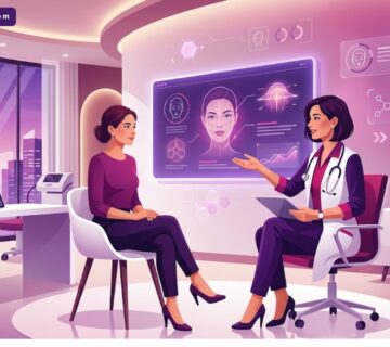 رسوم توضيحية حديثة لعيادة طبية متطورة تشرح مستقبل جراحة التجميل بأسلوب فيكتور راقي 