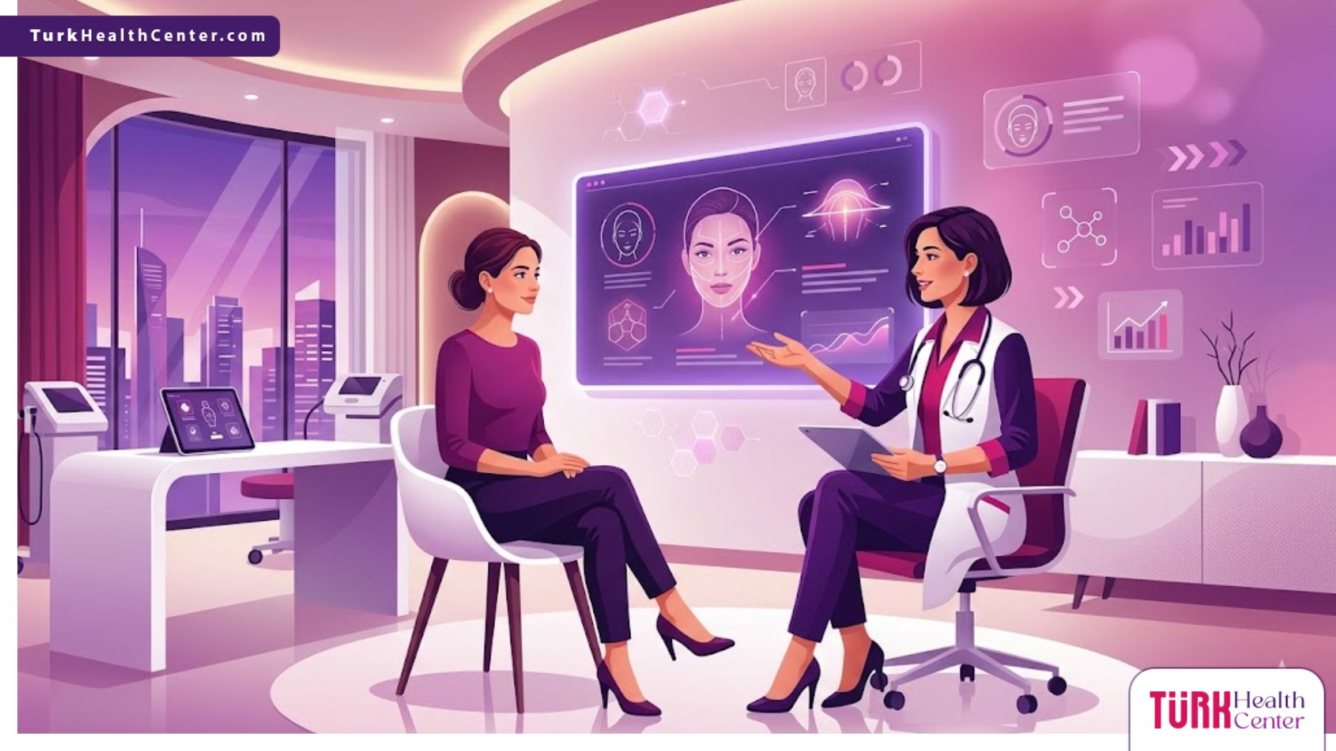 رسوم توضيحية حديثة لعيادة طبية متطورة تشرح مستقبل جراحة التجميل بأسلوب فيكتور راقي 