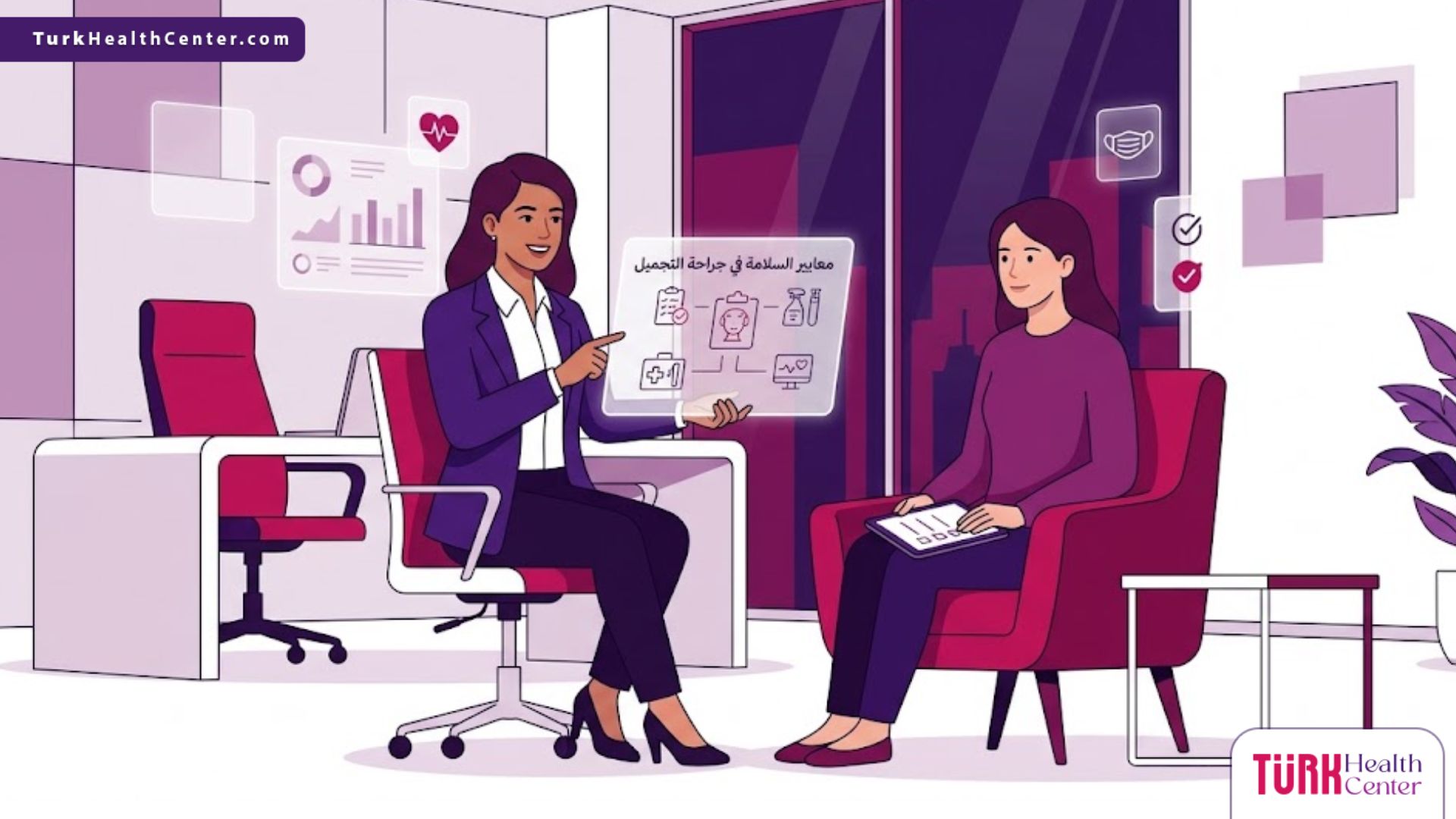 رسم توضيحي يظهر طبيبًا يشرح معايير السلامة في جراحة التجميل لمريضه داخل عيادة فاخرة 