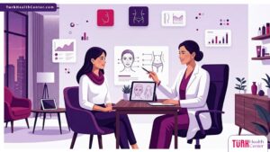 رسوم توضيحية فاخرة تظهر طبيباً يشرح خطوات جراحة التجميل وتنسيق المظهر لمريض في عيادة عصرية 