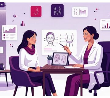 رسوم توضيحية فاخرة تظهر طبيباً يشرح خطوات جراحة التجميل وتنسيق المظهر لمريض في عيادة عصرية 