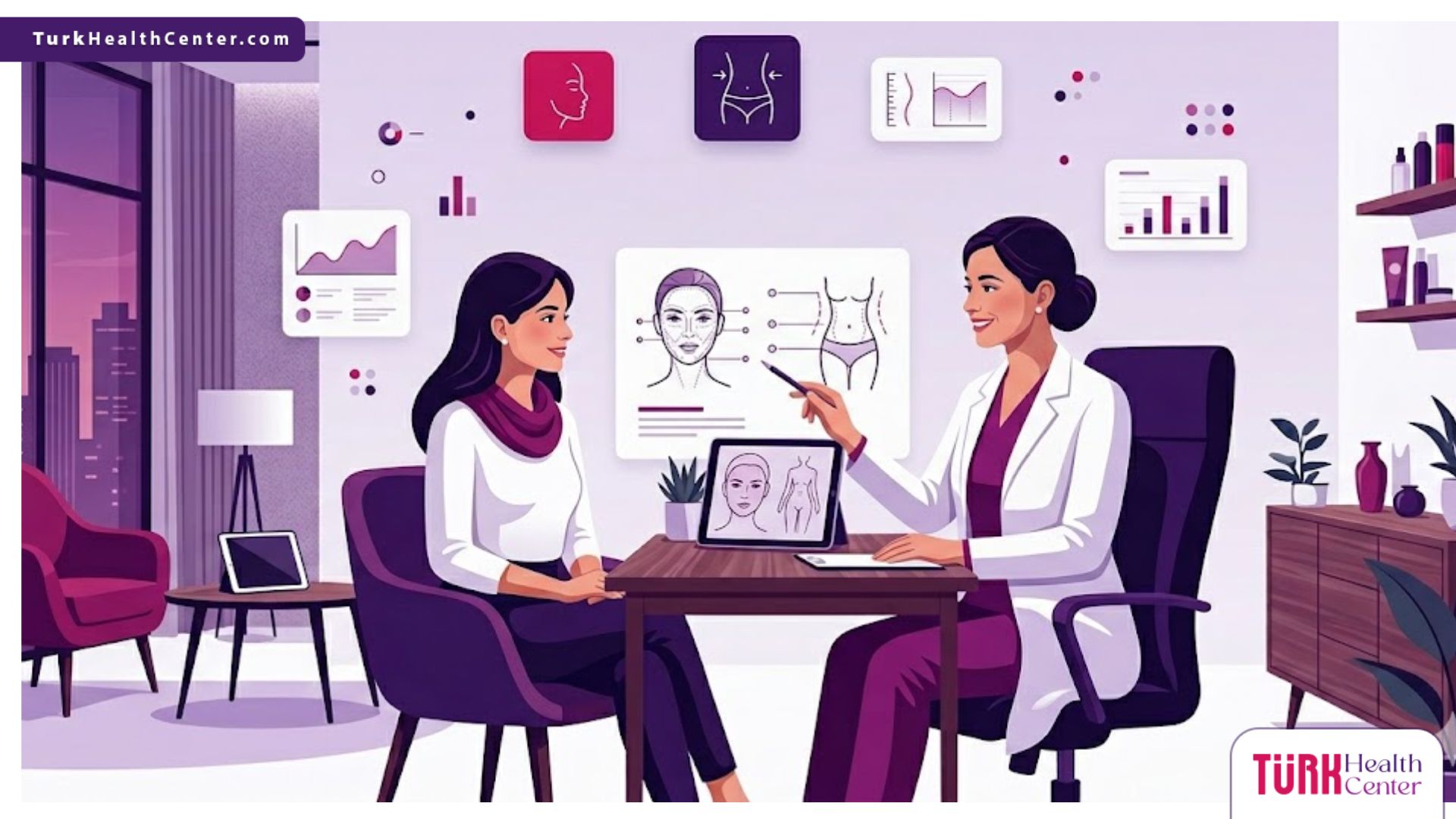 رسوم توضيحية فاخرة تظهر طبيباً يشرح خطوات جراحة التجميل وتنسيق المظهر لمريض في عيادة عصرية 