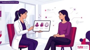 رسم توضيحي يظهر طبيباً يشرح لمريض كيفية تجنب فشل عمليات التجميل داخل عيادة عصرية فاخرة 