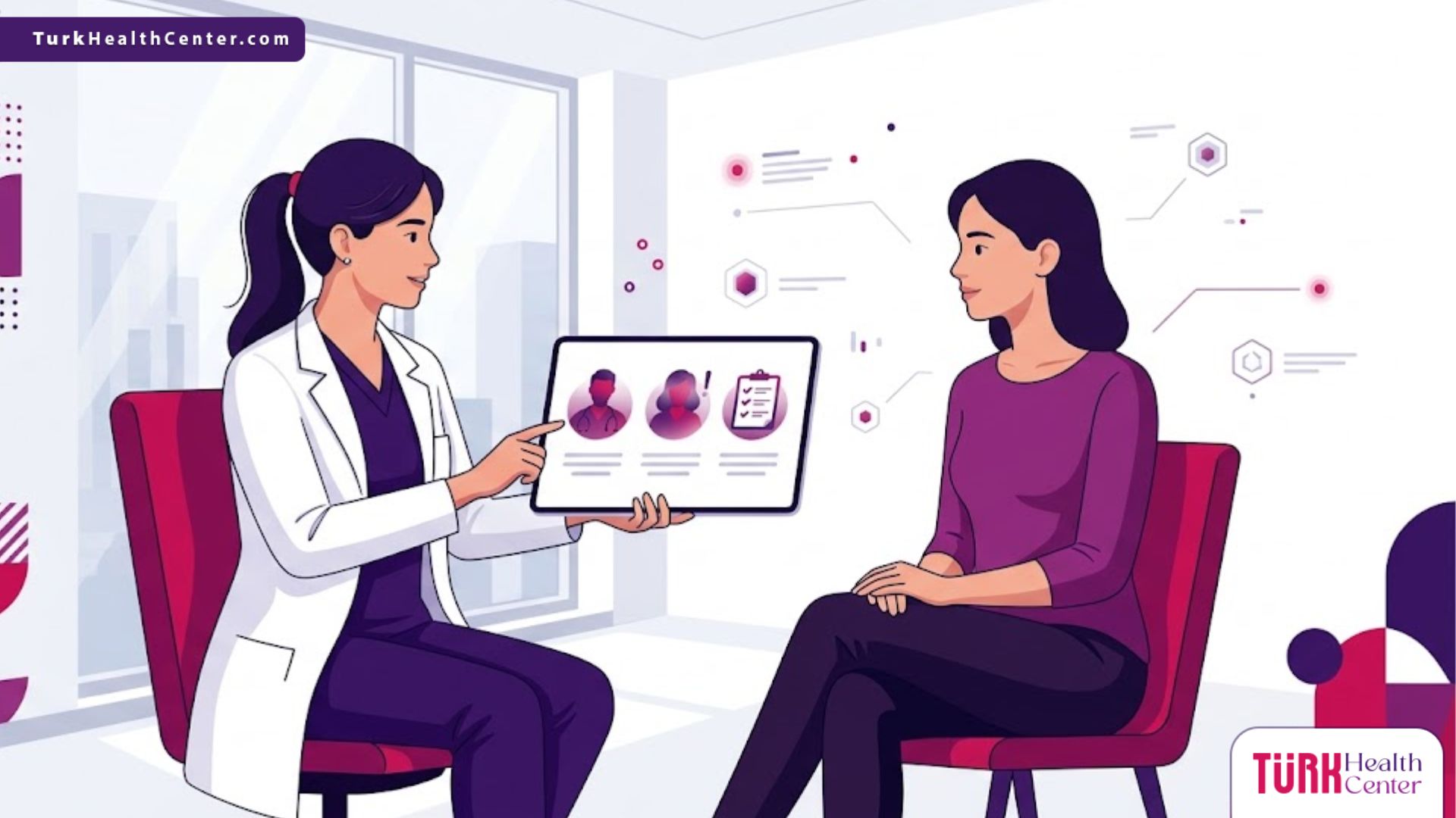 رسم توضيحي يظهر طبيباً يشرح لمريض كيفية تجنب فشل عمليات التجميل داخل عيادة عصرية فاخرة 