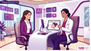 رسم توضيحي عصري يظهر طبيبًا يشرح تفاصيل جراحة التجميل الوظيفية لمريض في عيادة فاخرة بألوان أرجوانية ملكية 