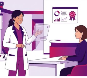 رسم توضيحي يظهر طبيبًا يشرح معايير الأمان للمريض للإجابة على سؤال هل عمليات التجميل آمنة؟ بأسلوب فيكتور عصري 