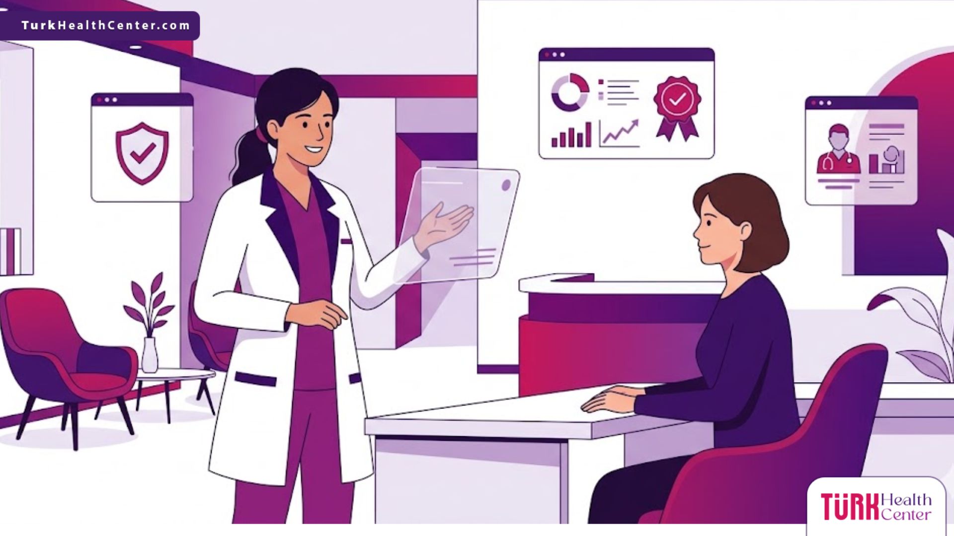 رسم توضيحي يظهر طبيبًا يشرح معايير الأمان للمريض للإجابة على سؤال هل عمليات التجميل آمنة؟ بأسلوب فيكتور عصري 