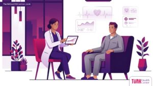 رسم توضيحي يظهر طبيب يشرح تفاصيل مدة الاستشفاء بعد جراحة الترميم لمريض في عيادة فاخرة 