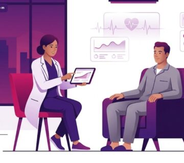 رسم توضيحي يظهر طبيب يشرح تفاصيل مدة الاستشفاء بعد جراحة الترميم لمريض في عيادة فاخرة 