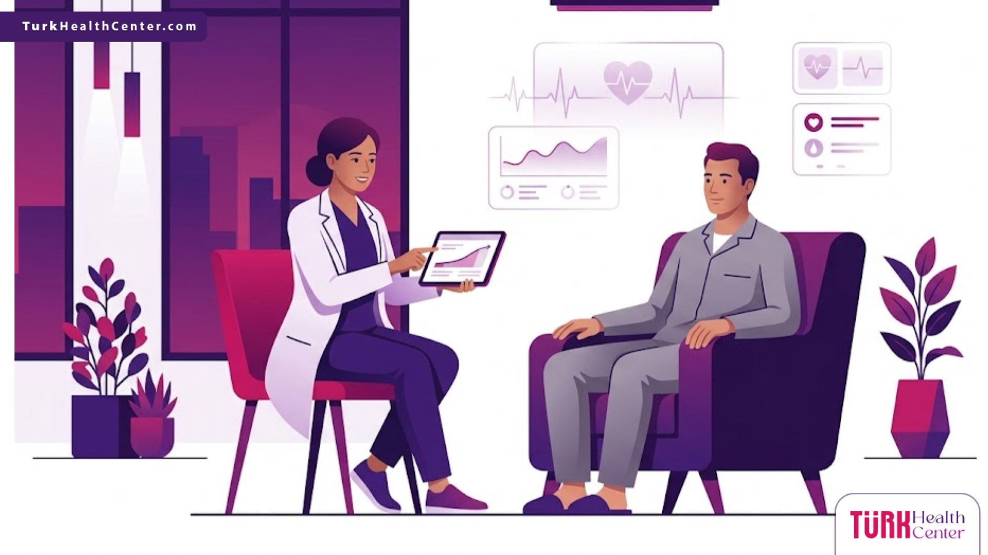 رسم توضيحي يظهر طبيب يشرح تفاصيل مدة الاستشفاء بعد جراحة الترميم لمريض في عيادة فاخرة 