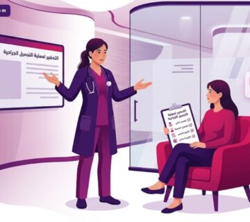رسوم توضيحية طبية حديثة توضح خطوات التحضير لعملية التجميل الجراحية داخل عيادة فاخرة 