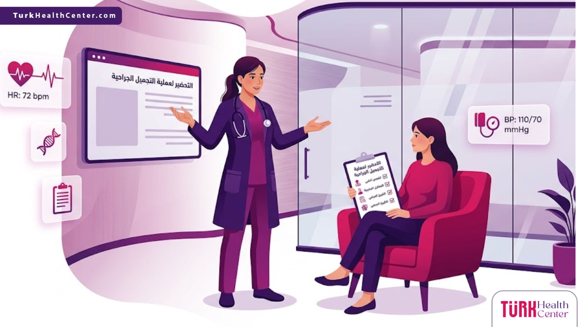 رسوم توضيحية طبية حديثة توضح خطوات التحضير لعملية التجميل الجراحية داخل عيادة فاخرة 