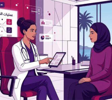 رسم توضيحي فني لعيادة طبية فاخرة يظهر طبيباً يشرح خطوات عمليات التجميل في أنطاليا لمريض في بيئة هادئة واحترافية 