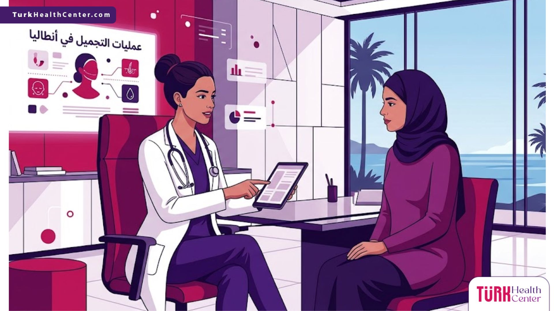 رسم توضيحي فني لعيادة طبية فاخرة يظهر طبيباً يشرح خطوات عمليات التجميل في أنطاليا لمريض في بيئة هادئة واحترافية 