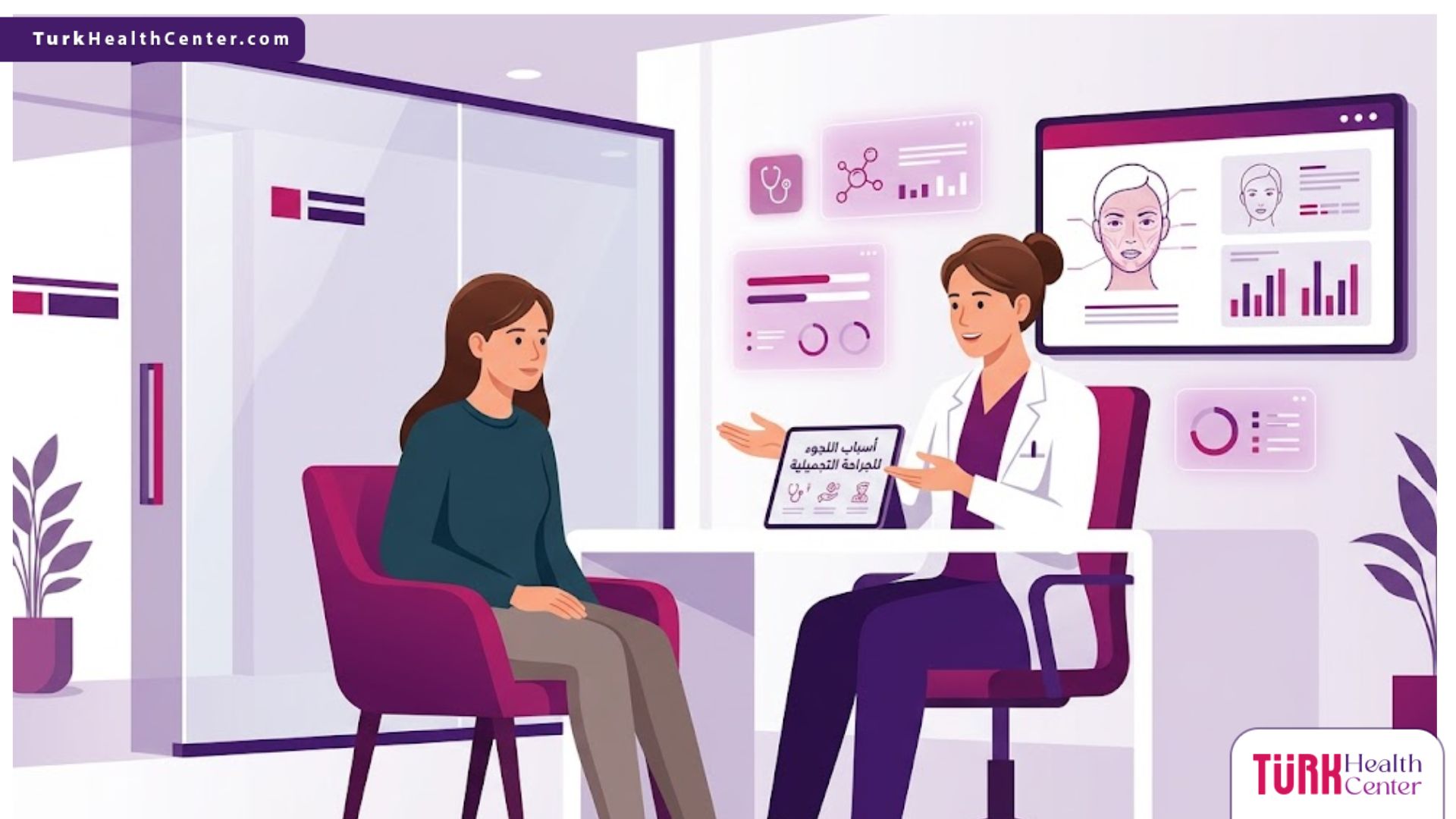 رسوم توضيحية فاخرة تشرح أسباب اللجوء للجراحة التجميلية داخل عيادة طبية حديثة 