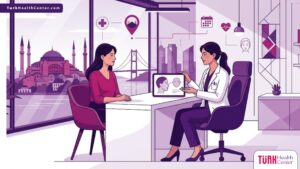 رسم توضيحي عصري لعيادة طبية فاخرة يشرح فيها الطبيب تفاصيل الجراحة التجميلية الترميمية في إسطنبول للمريض 