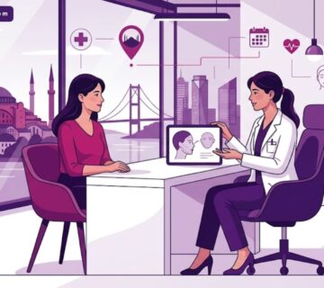 رسم توضيحي عصري لعيادة طبية فاخرة يشرح فيها الطبيب تفاصيل الجراحة التجميلية الترميمية في إسطنبول للمريض 