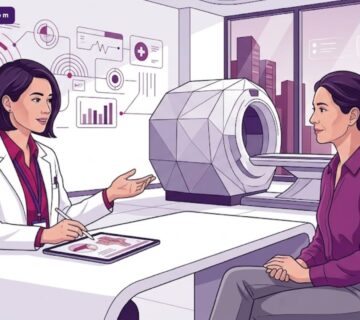 رسوم توضيحية لعيادة طبية حديثة تشرح خطوات جراحة التجميل بعد الأورام بأسلوب فيكتور راقي 