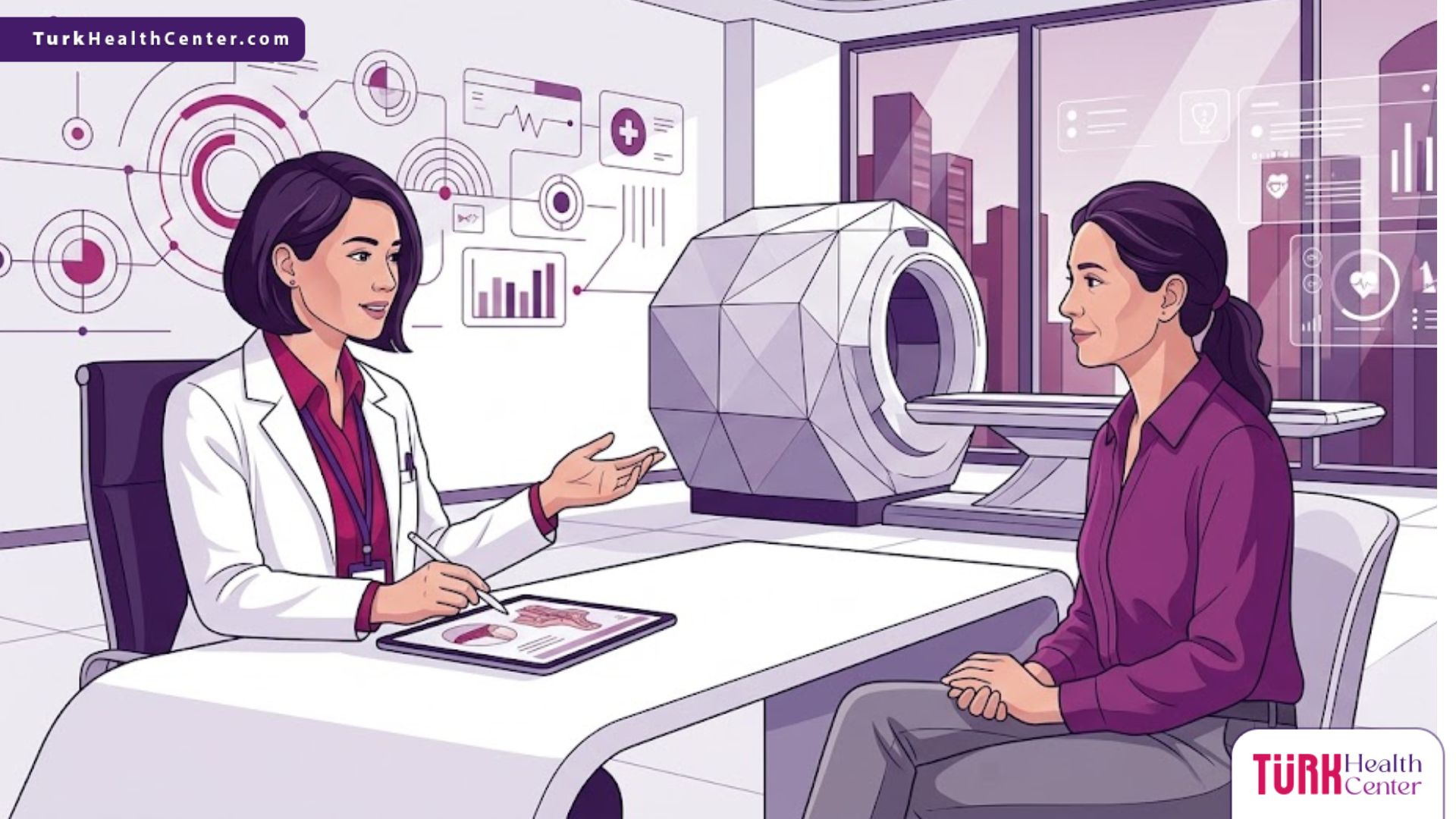 رسوم توضيحية لعيادة طبية حديثة تشرح خطوات جراحة التجميل بعد الأورام بأسلوب فيكتور راقي 