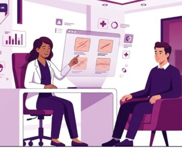 رسم توضيحي لطبيب يشرح الفرق بين الندبة العادية والندبة الجراحية لمريض داخل عيادة تجميل راقية 