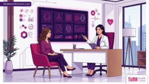 رسم توضيحي عصري لعيادة طبية فاخرة يشرح فيها الطبيب أحدث تقنيات الجراحة التجميلية للمريض 